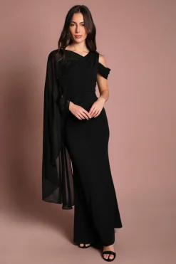 Robe Longue En Crêpe Avec Cape En Mousseline Asymétrique