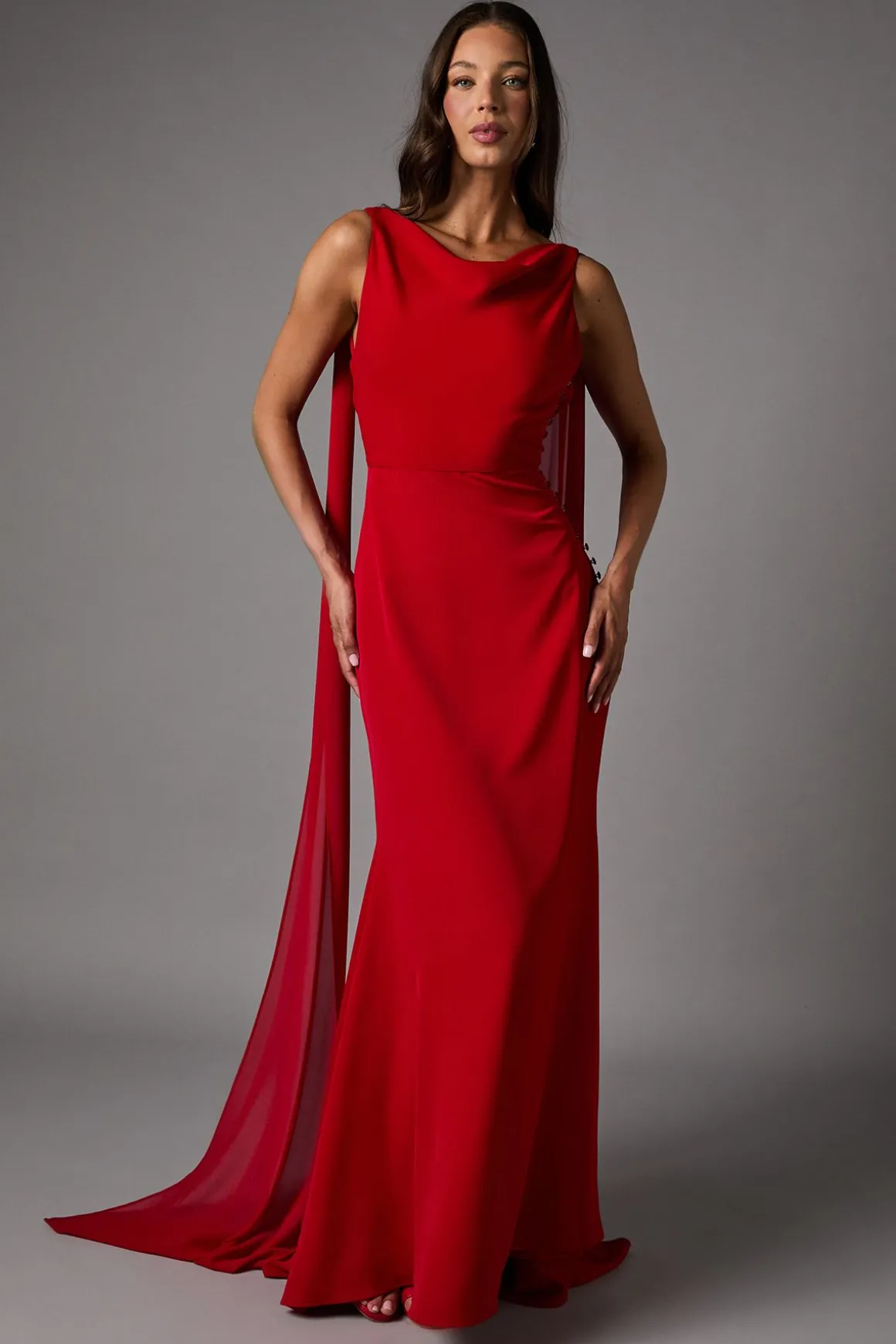 Robe Longue en Crêpe avec Détail Mousseline et Dos Drapé