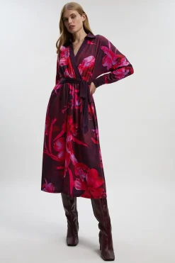 KarenMillen Robe Longue en Crêpe à Imprimé Floral avec Ceinture Nouée<Femme Robes À Manches Longues|Robes