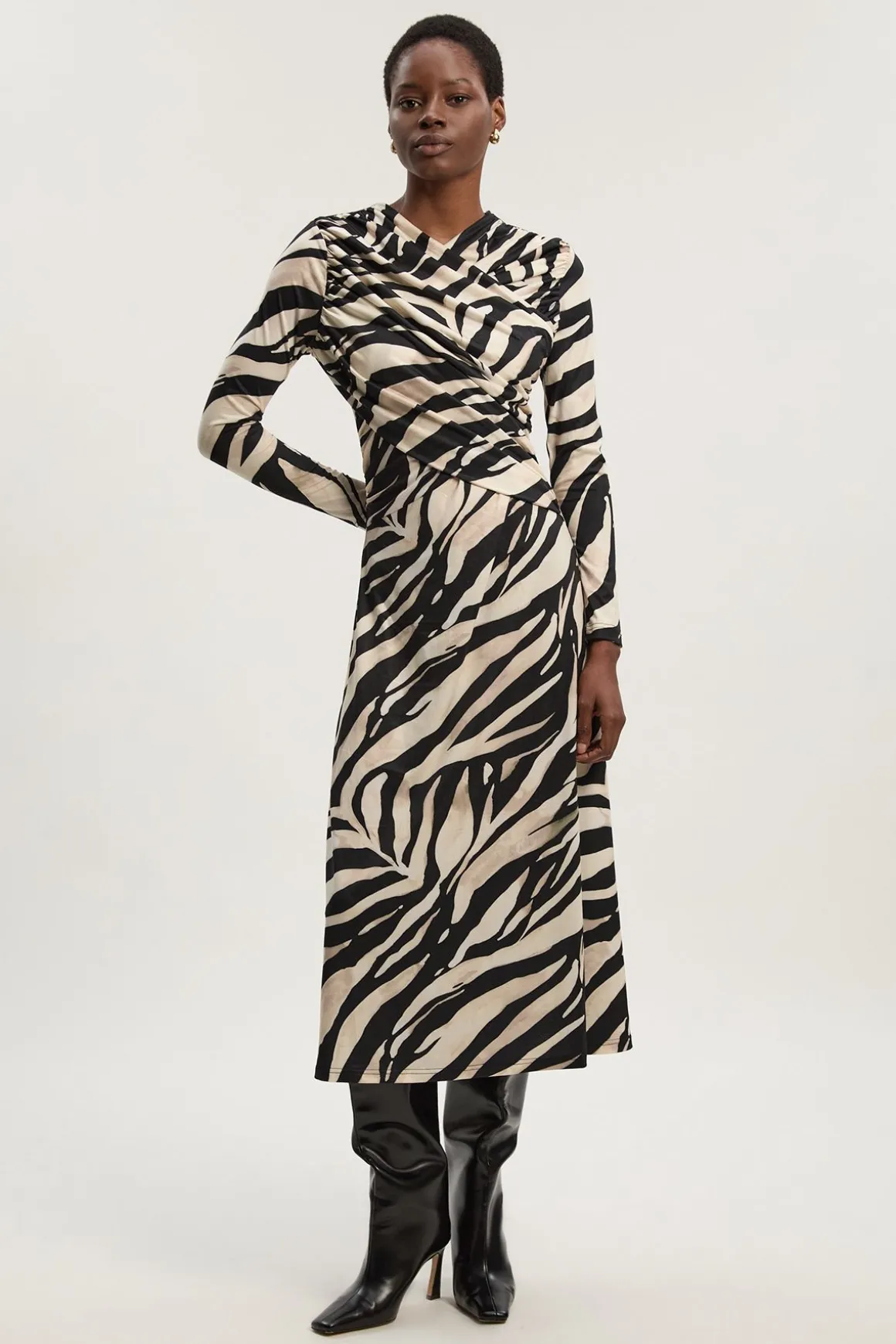 Robe Longue en Crêpe à Imprimé Zèbre avec Détail Torsadé
