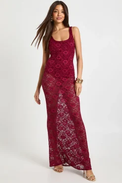 Robe Longue en Dentelle à Encolure Dégagée et Jupe Transparente