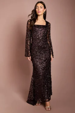 Robe Longue En Dentelle À Sequins Et Manches Longues