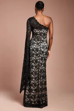 Robe Longue en Dentelle à Une Épaule avec Détail Manche Courte