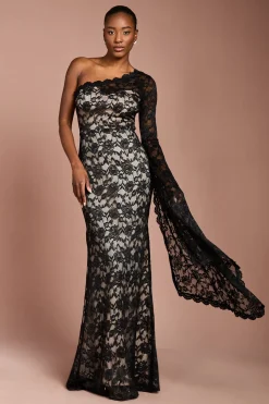 Robe Longue en Dentelle à Une Épaule avec Détail Manche Courte