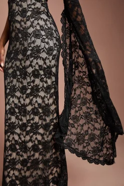 Robe Longue en Dentelle à Une Épaule avec Détail Manche Courte