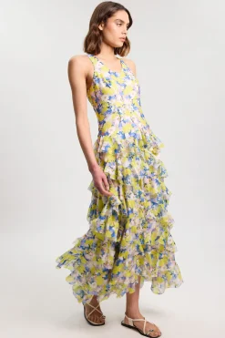 Robe Longue En Georgette Crêpée À Imprimé Floral Avec Détails À Volants