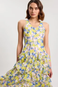 Robe Longue En Georgette Crêpée À Imprimé Floral Avec Détails À Volants