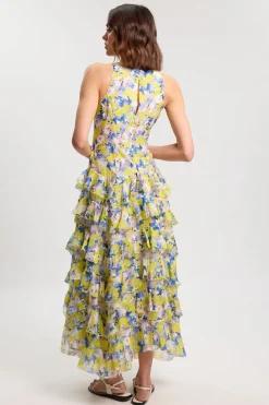 Robe Longue En Georgette Crêpée À Imprimé Floral Avec Détails À Volants