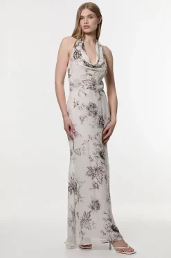 KarenMillen Robe longue en georgette de viscose transparente à motif esquissé, col halter en tissu tissé et décolleté en V plongeant<Femme Toutes Les Robes|Robes