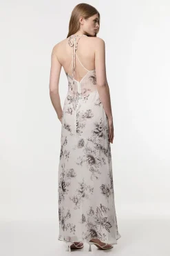 KarenMillen Robe longue en georgette de viscose transparente à motif esquissé, col halter en tissu tissé et décolleté en V plongeant<Femme Toutes Les Robes|Robes