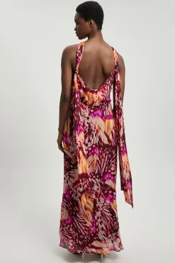 Robe Longue En Georgette De Viscose À Imprimé Papillons Avec Rosette Et Encolure Dos-nu
