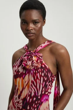 Robe Longue En Georgette De Viscose À Imprimé Papillons Avec Rosette Et Encolure Dos-nu