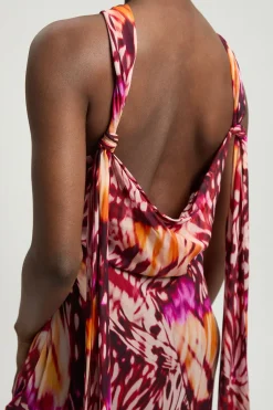 Robe Longue En Georgette De Viscose À Imprimé Papillons Avec Rosette Et Encolure Dos-nu