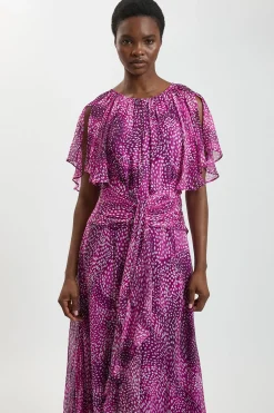 KarenMillen Robe Longue En Georgette De Viscose À Pois Avec Manches Cape Et Volants<Femme Robes|Robes Longues