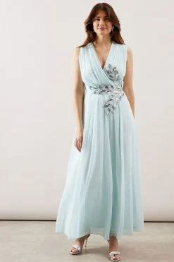 Robe Longue en Georgette à Encolure Portefeuille Ornée de Perles