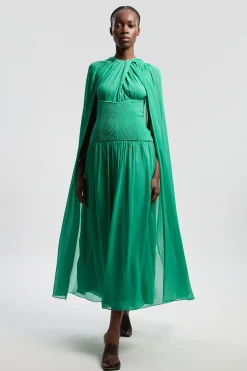 KarenMillen Robe Longue En Georgette Froissée Avec Cape Et Col Licou Torsadé<Femme Robes|Robes De Soirée Chic