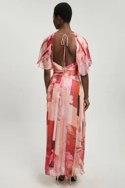 Robe Longue En Georgette À Imprimé Floral Avec Manches Cape À Volants