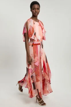Robe Longue En Georgette À Imprimé Floral Avec Manches Cape À Volants