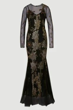 Robe Longue en Georgette Métallisée Tissée Ornée d'Appliqués Floraux