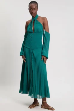Robe Longue En Georgette Tissée Plissée À Épaules Dénudées