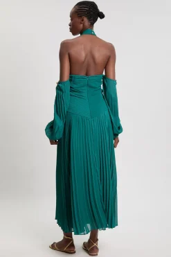Robe Longue En Georgette Tissée Plissée À Épaules Dénudées