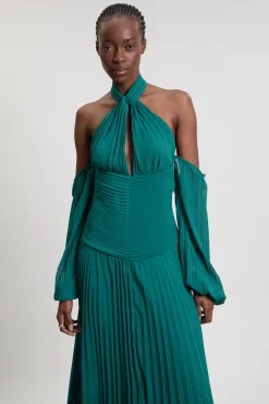 Robe Longue En Georgette Tissée Plissée À Épaules Dénudées
