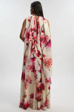 KarenMillen Robe Longue en Georgette Tissée à Imprimé Floral et Devant Croisé Plissé<Femme Robes Bal De Promo|Robes