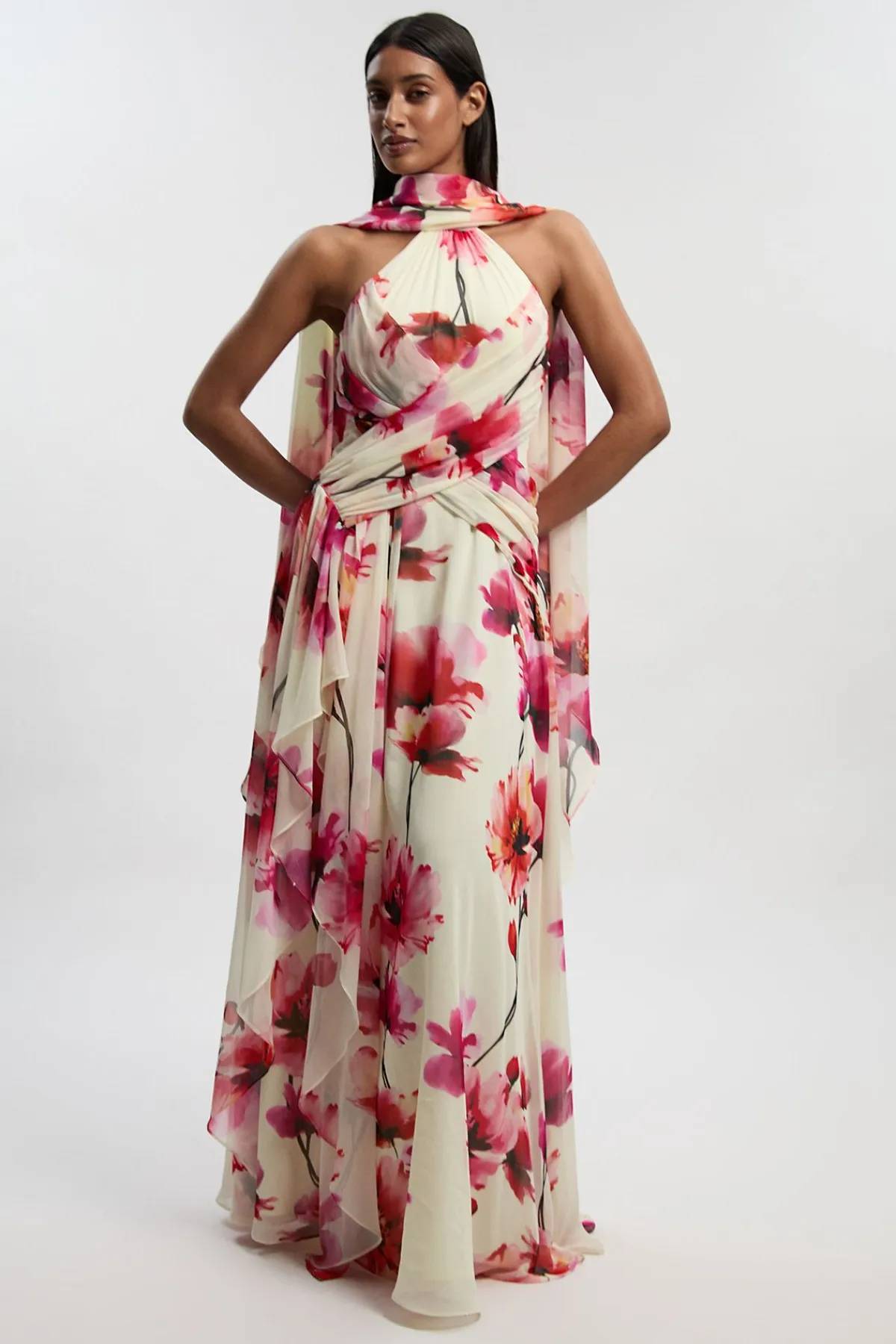 KarenMillen Robe Longue en Georgette Tissée à Imprimé Floral et Devant Croisé Plissé<Femme Robes Bal De Promo|Robes