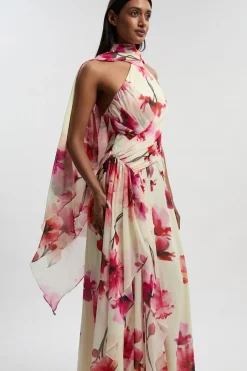 KarenMillen Robe Longue en Georgette Tissée à Imprimé Floral et Devant Croisé Plissé<Femme Robes Bal De Promo|Robes