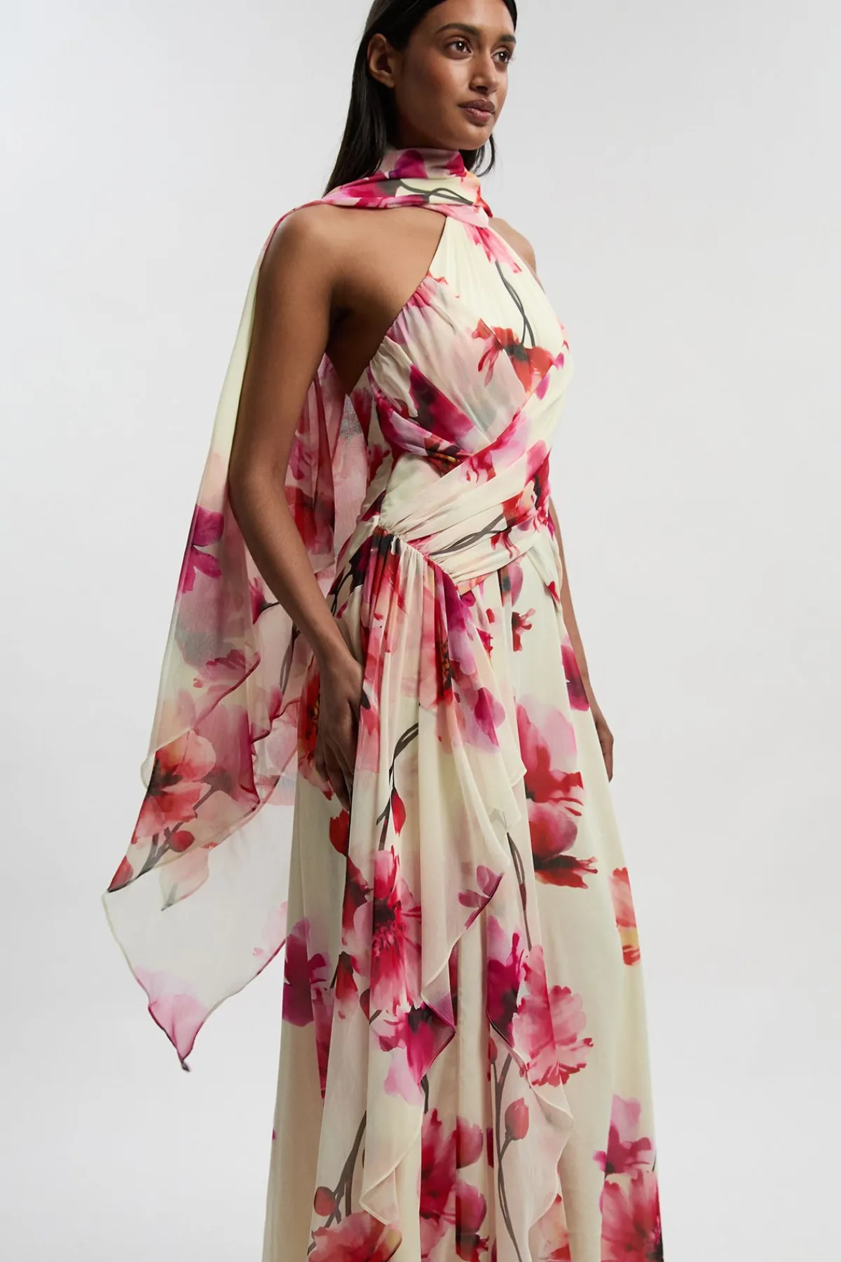 KarenMillen Robe Longue en Georgette Tissée à Imprimé Floral et Devant Croisé Plissé<Femme Robes Bal De Promo|Robes