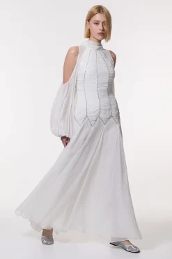 Robe Longue en Georgette Tissée à Col Montant avec Ornements et Fronces