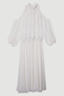 Robe Longue en Georgette Tissée à Col Montant avec Ornements et Fronces