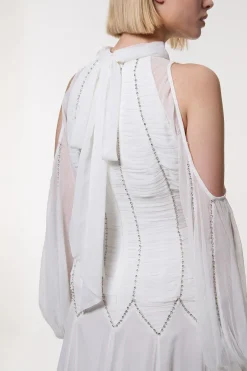 Robe Longue en Georgette Tissée à Col Montant avec Ornements et Fronces
