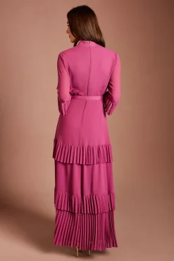 Robe Longue En Georgette À Volants Avec Col Torsadé