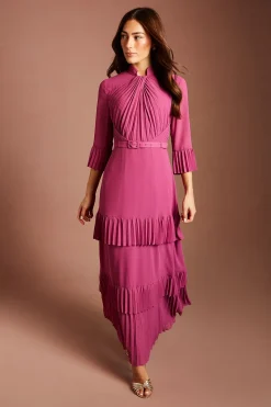 Robe Longue En Georgette À Volants Avec Col Torsadé