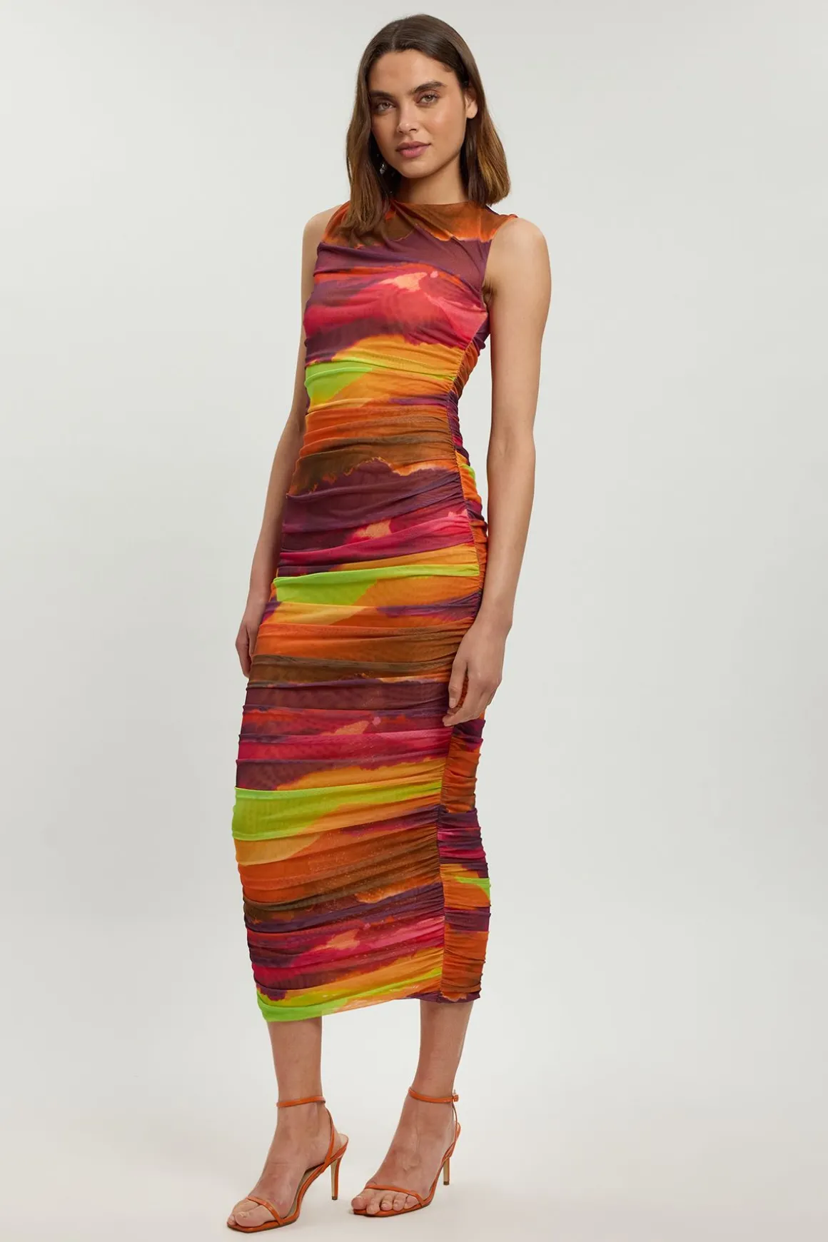 Robe Longue En Jersey Avec Mesh Imprimé Marbré Et Fronces