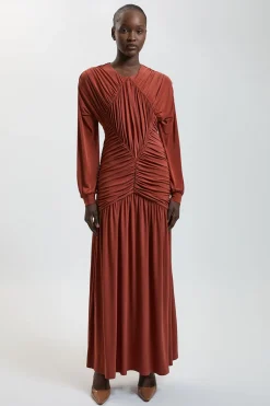 Robe Longue En Jersey À Manches Longues Avec Fronces Premium