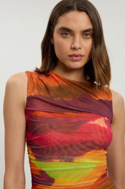 Robe Longue En Jersey Moulante À Imprimé Marbré En Mesh Froncé Petite