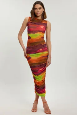 Robe Longue En Jersey Moulante À Imprimé Marbré En Mesh Froncé Petite