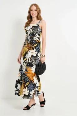 Robe Longue En Jersey Tropical À Taille Froncée