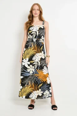 Robe Longue En Jersey Tropical À Taille Froncée