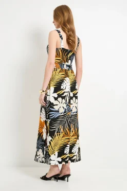 Robe Longue En Jersey Tropical À Taille Froncée