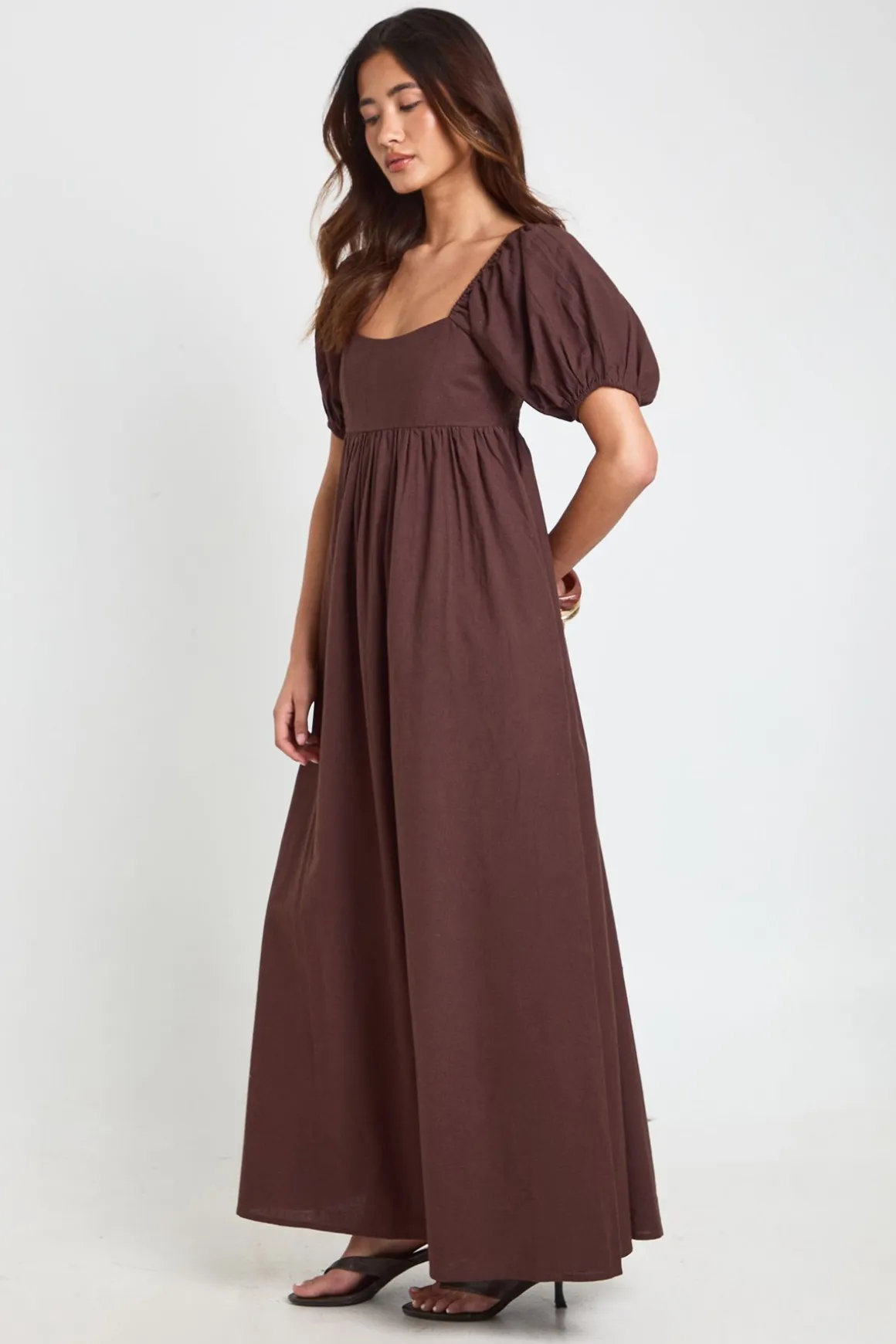 Robe Longue En Lin À Manches Bouffantes Et Fronces