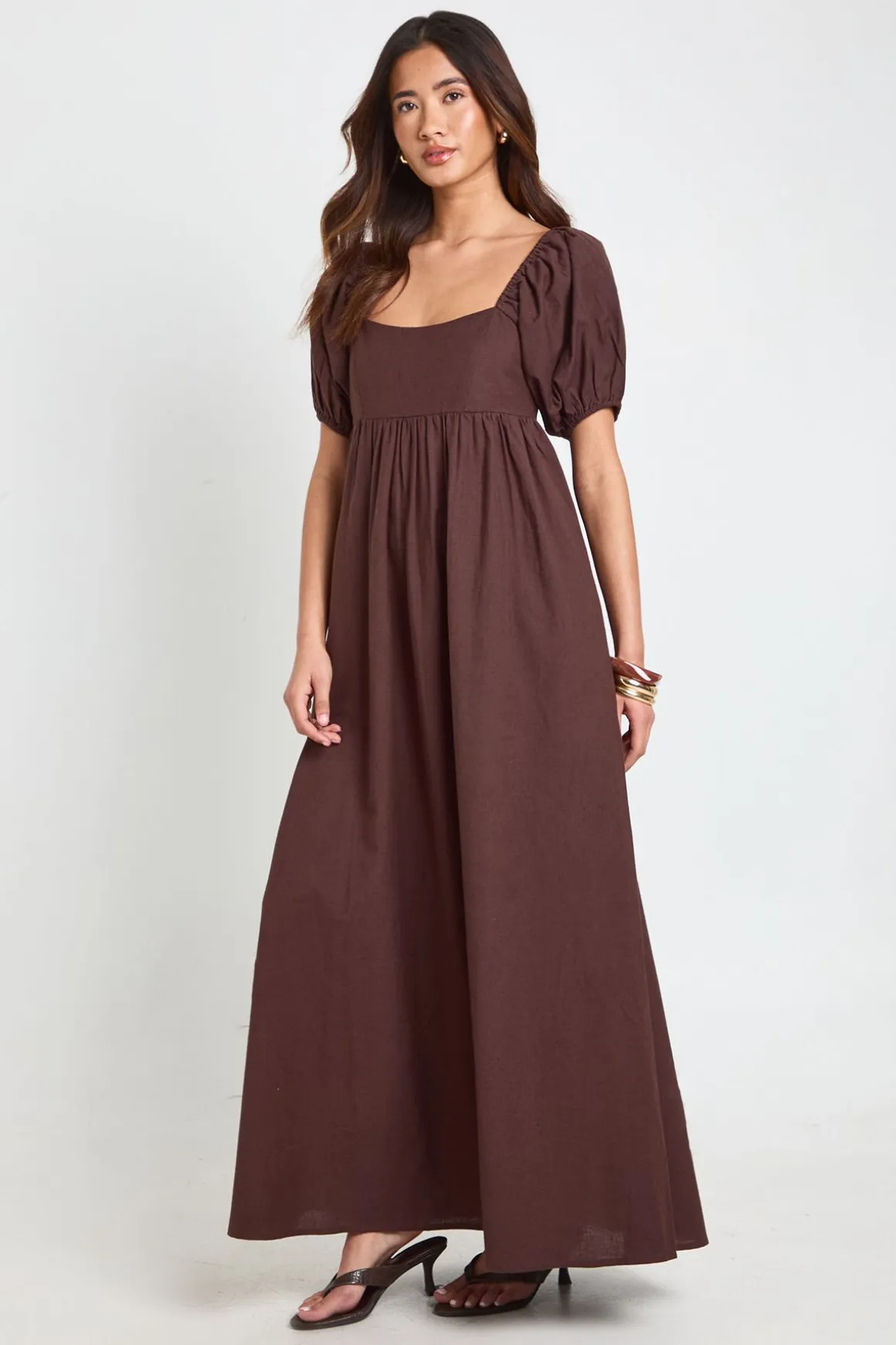 Robe Longue En Lin À Manches Bouffantes Et Fronces