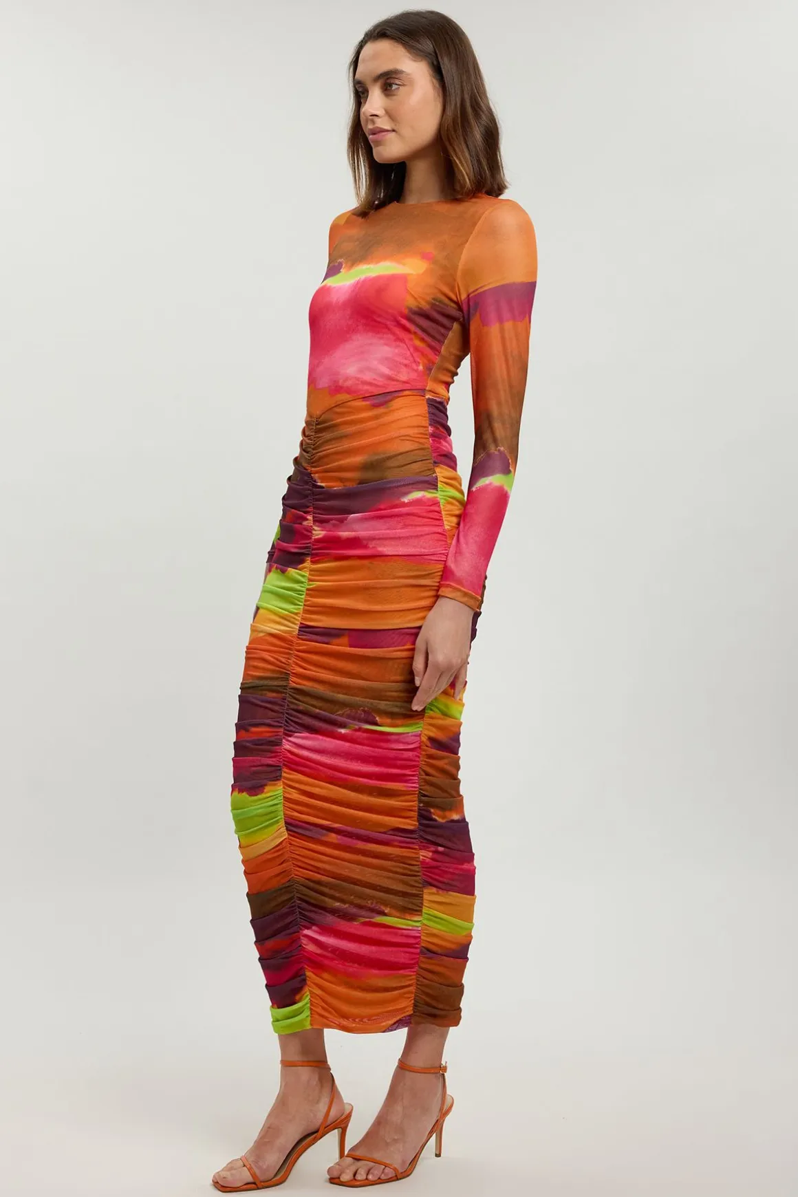 Robe Longue En Maille Froncée À Imprimé Marbré
