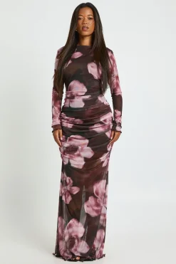Robe Longue en Maille Froncée à Motifs Floraux