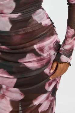 Robe Longue en Maille Froncée à Motifs Floraux
