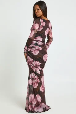 Robe Longue en Maille Froncée à Motifs Floraux