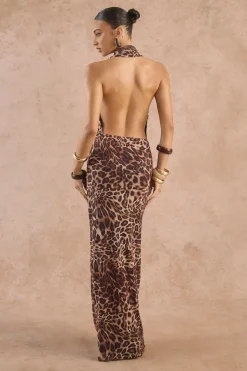 Robe Longue En Maille Léopard À Encolure Américaine