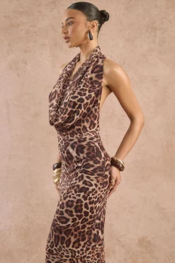 Robe Longue En Maille Léopard À Encolure Américaine